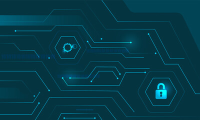 digital lines and circuit on abstract with padlock and binary code number security.