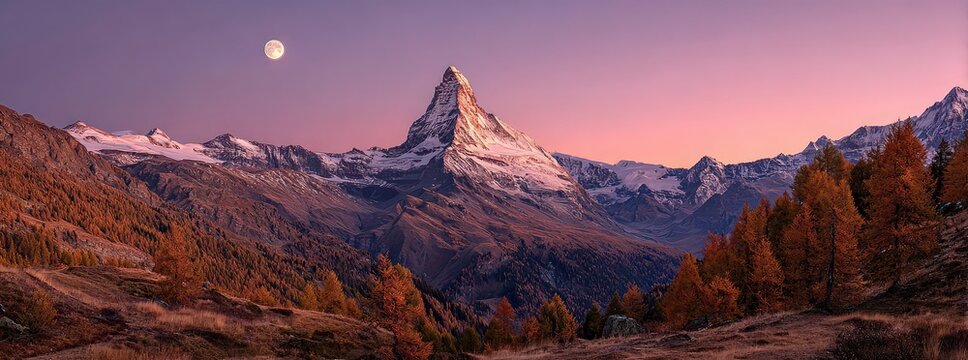 Majestic Mountain Peak at Dusk with Snow Forest and Golden Foliage under a Purple Sky
