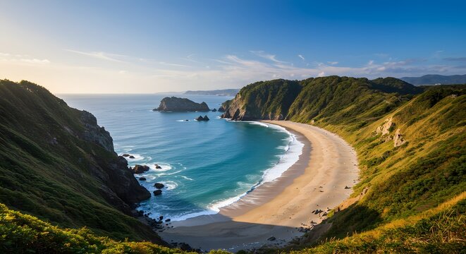Coastal landscape with beach ocean cliffs and blue sky background