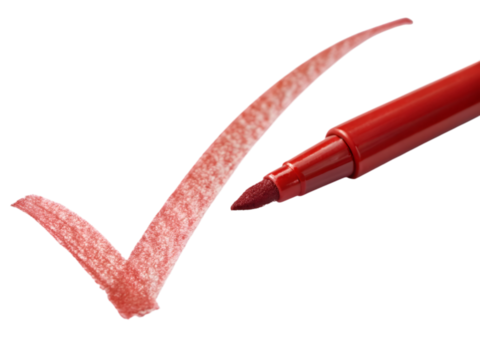 Red marker drawing check mark for task completion or approval on transparent background