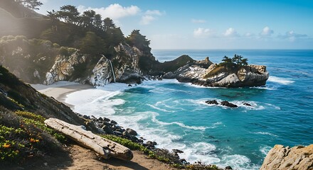 Coastal landscape with ocean cliffs and waterfall on a sunny day