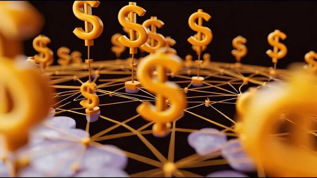 Cross border investment concept with dollar symbols and golden dollar symbols connected by network lines digital globe and world map, representing