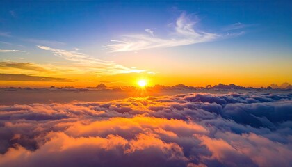 Dramatic Sunrise Above Ocean of Clouds Illuminating Cityscape Below with Golden Light and Wispy Sky