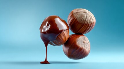 Three chocolate covered nuts with chocolate dripping from them. Concept of indulgence and luxury, as the chocolate drips down the nuts, creating a visually appealing and tempting scene