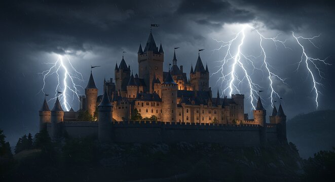 Dramatic castle silhouette under a stormy sky with lightning strikes - Powered by Adobe