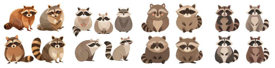 Fototapeta premium Flat Vector Raccoon Icons in Natural Tones for Design Projects