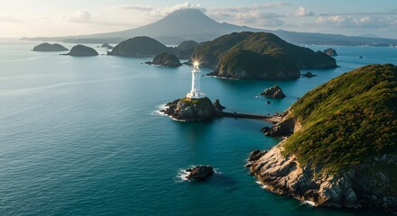 Coastal lighthouse on rocky island surrounded by emerald water and mountains