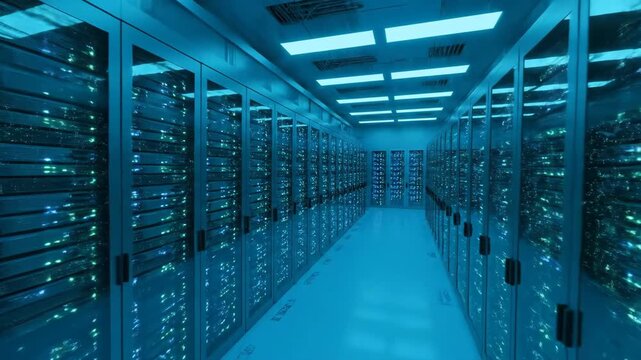 Futuristic Data Center Server Room Corridor Walkthrough.