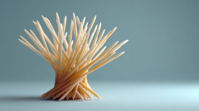 Bunch of toothpicks are arranged in a spiral. The image has a whimsical and playful mood, as the toothpicks are not being used for their intended purpose