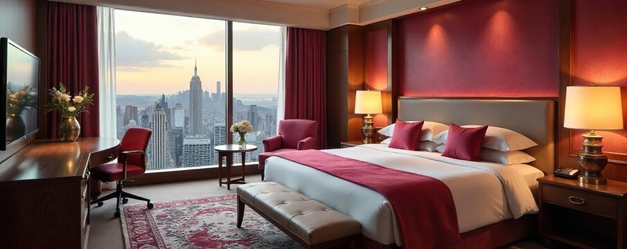 Luxurious Hotel Suite with King Bed, Breathtaking City Views, and Plush Furnishings Perfect Romantic Getaway or Relaxing Escape - Powered by Adobe