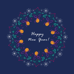 Winter Christmas round frame with purple bows, yellow baubles, and winter greenery. Round frame with winter holiday elements. Vector illustration on a blue background.
