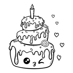 Simple Coloring page. Outlined birthday cake. Cute cake character with face and hearts. Vector line art illustration for coloring book, party birthday invitation, greeting card. 