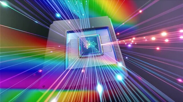 Cinematic macro fly-through of optical neural network chip, colorful waveguides firing rainbow photons across integrated circuits, futuristic photonic computing and AI light-based processing