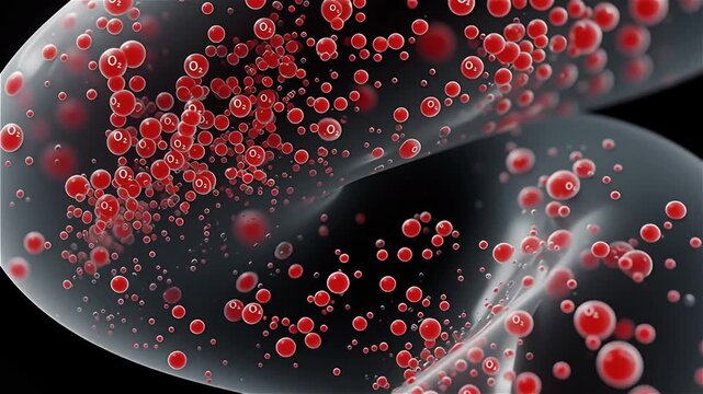 Slow-motion macro of perfluorocarbon blood substitute swirling in dark void, red oxygen microbubbles suspended in translucent emulsion, next-generation artificial oxygen carrier biochemistry