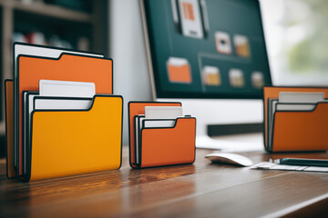 Computer monitor displaying digital files and icons floating around a screen.Digital document management system displaying data storage folders. 