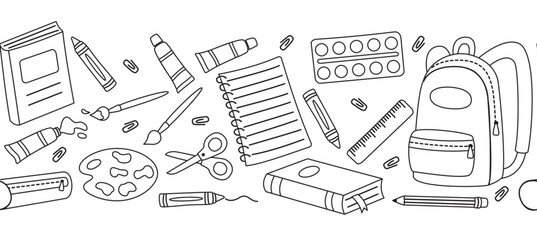 Seamless border with school supplies in doodle style. Horizontal pattern with pencils, books, paintbrushes, notebooks, pencil case, ruler, scissors 