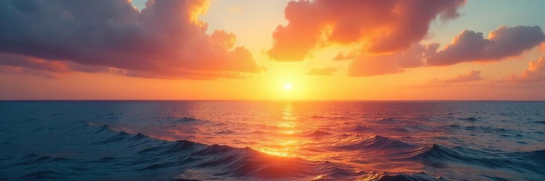 Breathtaking Golden Sunrise over Tranquil Ocean Serene Summer Seascape, Perfect for Travel & Relaxation