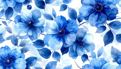 Watercolor floral pattern featuring vibrant blue flowers and leaves