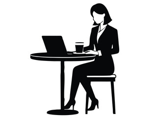 Vector art of business woman working on laptop at cafe