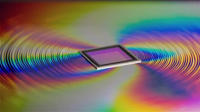 Ultra-macro view of a metalens chip showing vivid diffraction rings and rainbow caustics. The light glides across the surface in shallow depth of field, symbolizing nanophotonics precision optics.