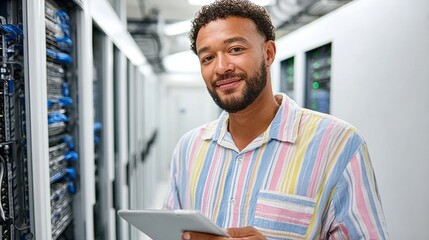 Man with a tablet in his hand is standing in a room with many wires. He is smiling and he is happy