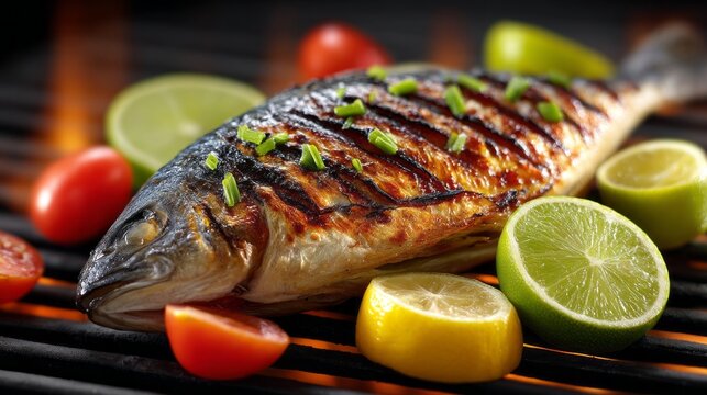 On a warm summer evening, perfectly grilled fish rests amidst fresh lemon and lime slices, complemented by bright tomato wedges, creating a feast for the senses