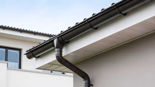 Close-up architectural photograph of modern house exterior featuring black seamless gutters and downspout system contemporary building design