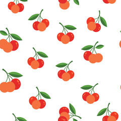 A delightful pattern featuring small ripe red cherries with green stems and leaves scattered across a white background.
