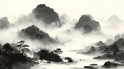 Misty Mountains and Serene River Landscape in Ink Wash Style