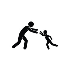 Stick figure of adult reaching for child running towards them on a white background