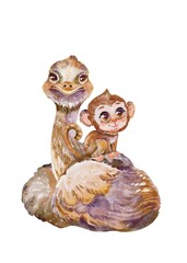 Cute baby monkey sitting on an ostrich, adorable safari animal illustration in soft beige tones. Watercolor boho style composition perfect for nursery decor, posters, cards, and kids designs