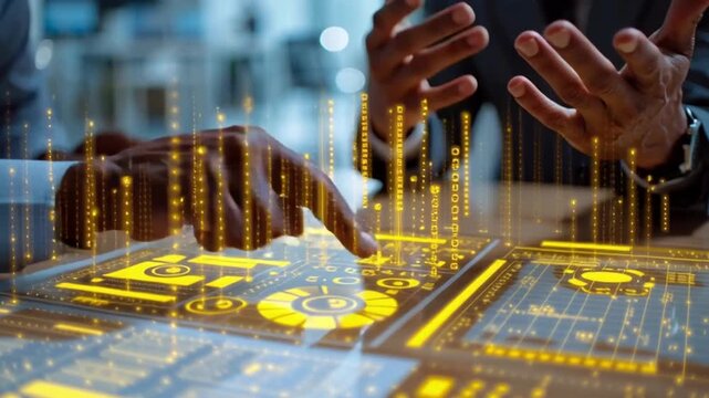 Futuristic technology digital interface business meeting innovation teamwork data analysis strategy collaboration planning modern office glowing - Powered by Adobe