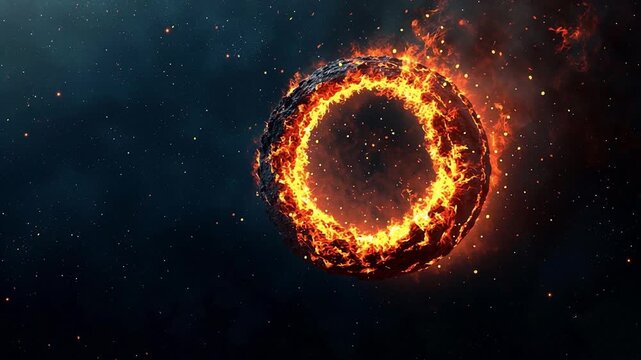 A fiery ring shaped celestial object burns brightly against the dark starry void of deep space