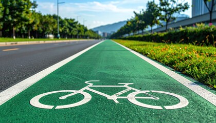 Dedicated Green Bicycle Lane with White Bike Symbol on a Sunny Day.