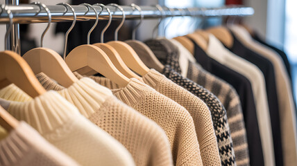 Close-up of clothing rack displaying multiple cream knit sweaters on beige wooden hangers cozy fashion boutique winter wardrobe concept