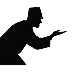 Silhouette of a man in a fez hat with outstretched hand in a black and white image