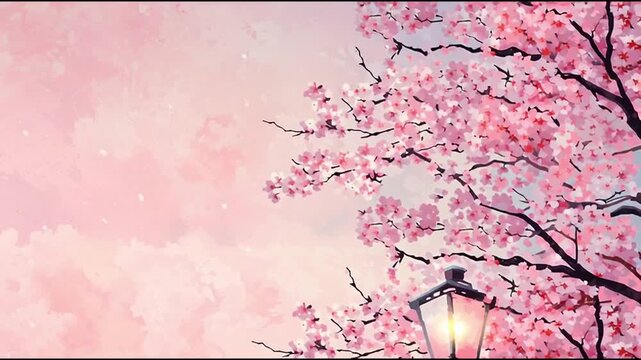 Stylized illustration of pink sakura branches and a glowing street light Soft pink watercolor background