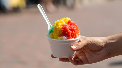 Close-up of hand holding white styrofoam cup filled with colorful shaved ice dessert refreshing cold summer treat concept