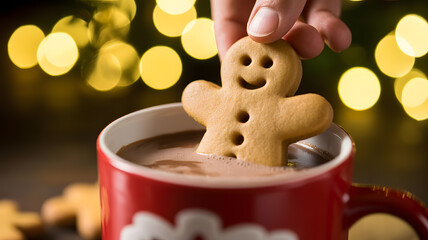 Close-up of gingerbread man cookie dipped into red ceramic mug of hot chocolate festive winter holiday dessert concept cozy Christmas treat