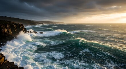 Obraz premium Dramatic ocean waves crashing against rocky coastline under a stormy sky
