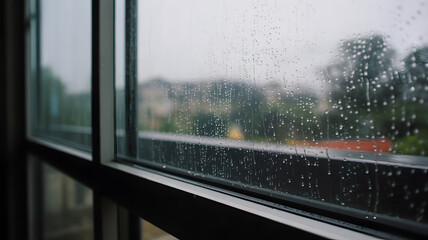 Close-up photograph of misted glass window covered with rain droplets condensation moisture weather and texture background concept