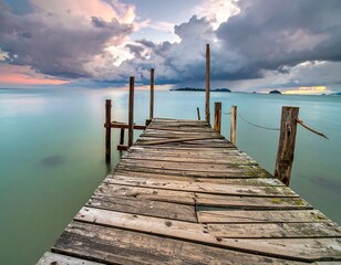Fototapeta premium Wooden pier stretches towards islands under a dramatic cloudy sky