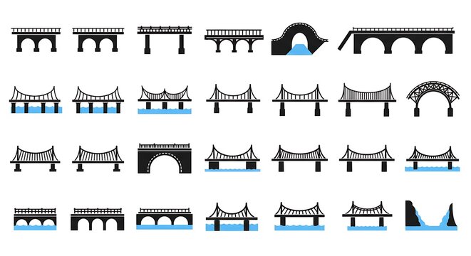 Collection of bridge illustrations against a white backdrop for various applications - Powered by Adobe