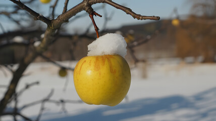Close-up of single yellow golden apple hanging on bare branch during winter season concept of resilience and nature beauty