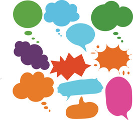 Collection of colorful hand drawn speech bubbles and thought clouds in various shapes and sizes