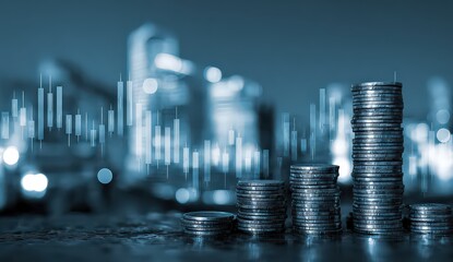 Stack Of Coins Representing Financial Growth With City Skyline Background At Night