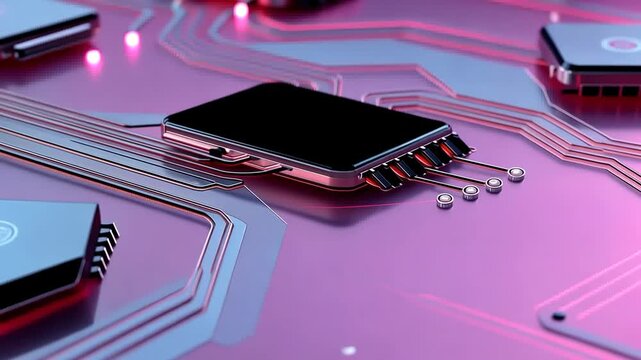Cpu chip is processing data on neon pink circuit board with glowing connections