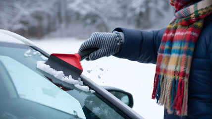 Close-up of hand in gray and white patterned knitted glove holding red and black ice scraper winter snow removal cold weather concept