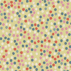 Vector abstract seamless pattern with red and blue polka dot on beige. Hand painted illustration for design, print, fabric or background.