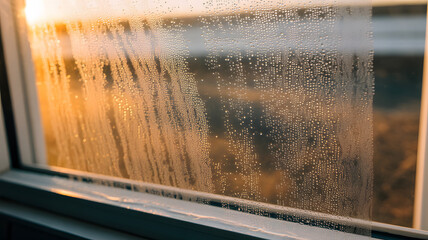 Close-up of condensation water droplets on glass window during golden hour light creating warm abstract texture background